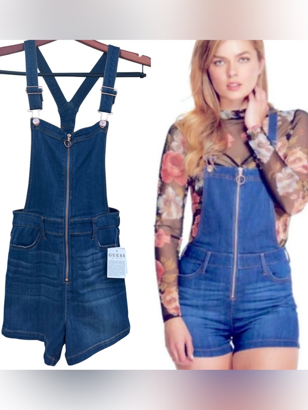 Guess Rose Gold-Accent Dark Blue Denim Short Overalls NWT